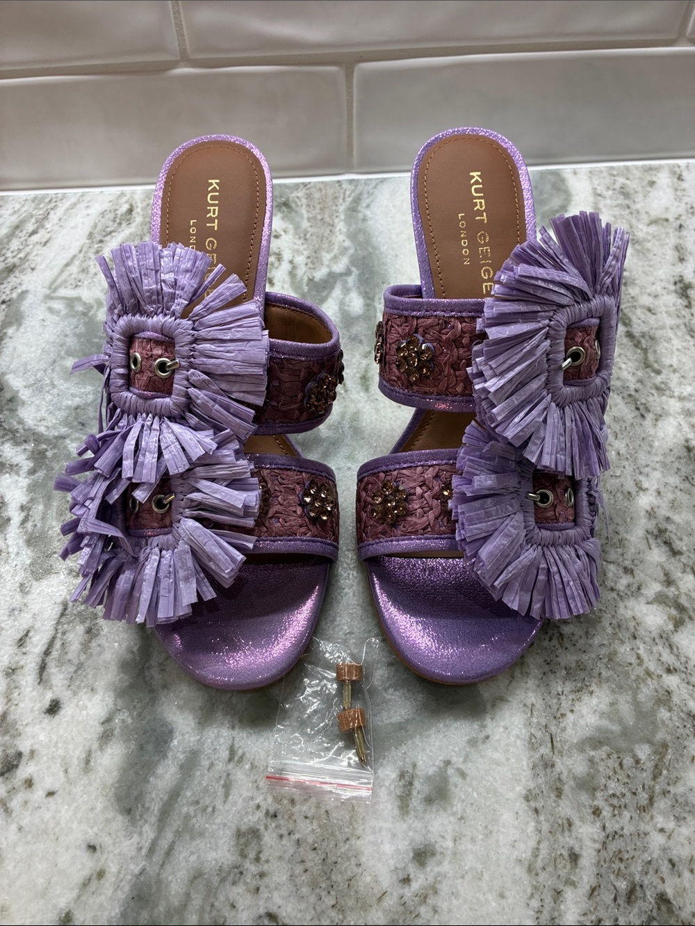 Kurt Geiger Metallic Lavender Fringe Double-Band Slides